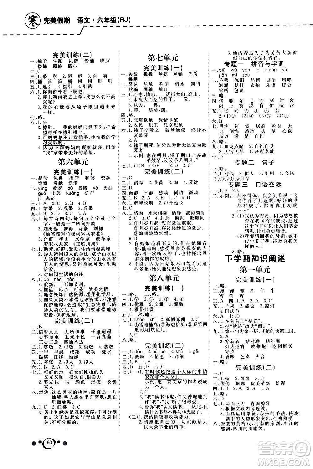 延邊教育出版社2021快樂假期寒假作業(yè)語(yǔ)文學(xué)期銜接六年級(jí)RJ人教版答案