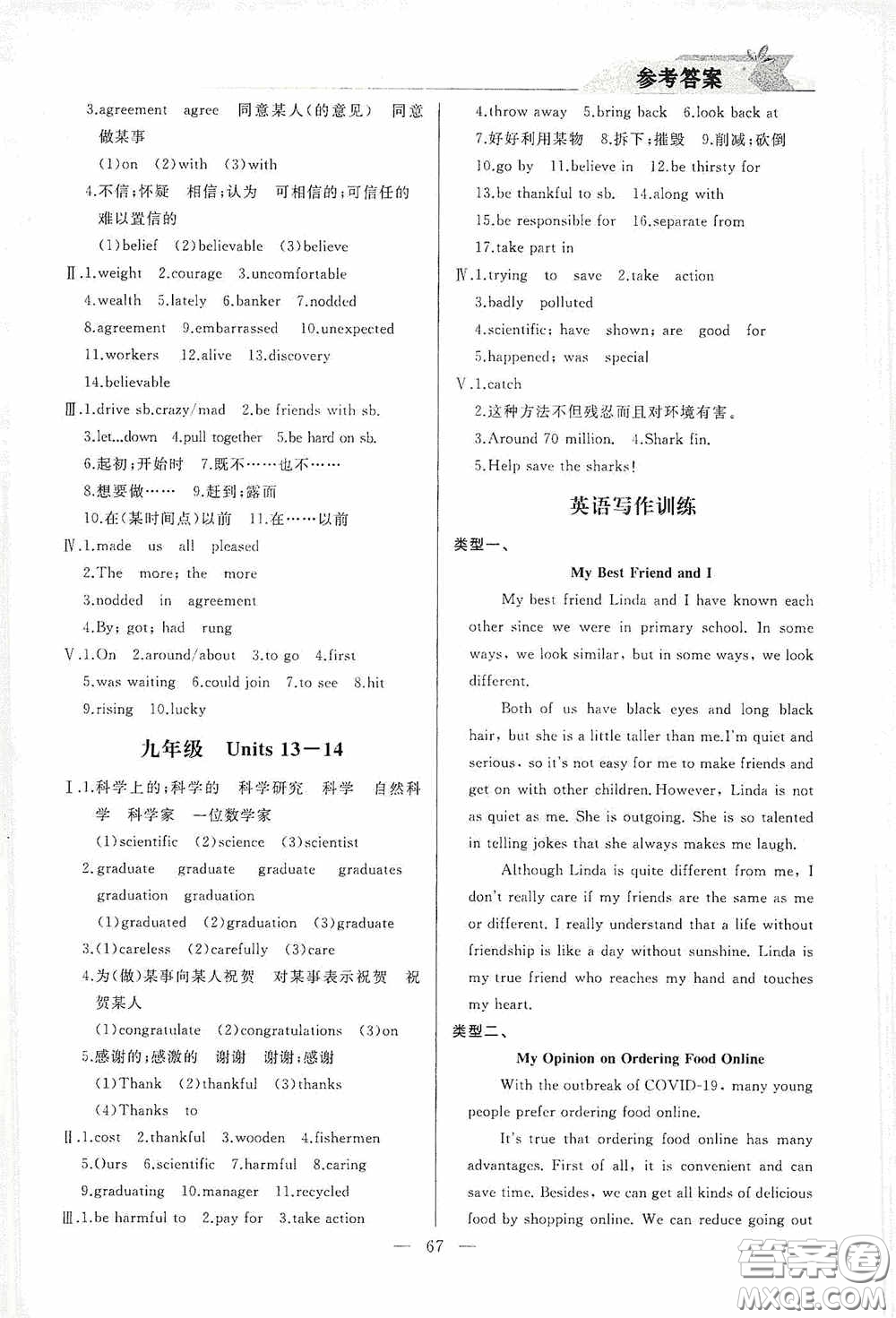 山東人民出版社2021寒假小復(fù)習(xí)九年級(jí)英語(yǔ)人教版答案