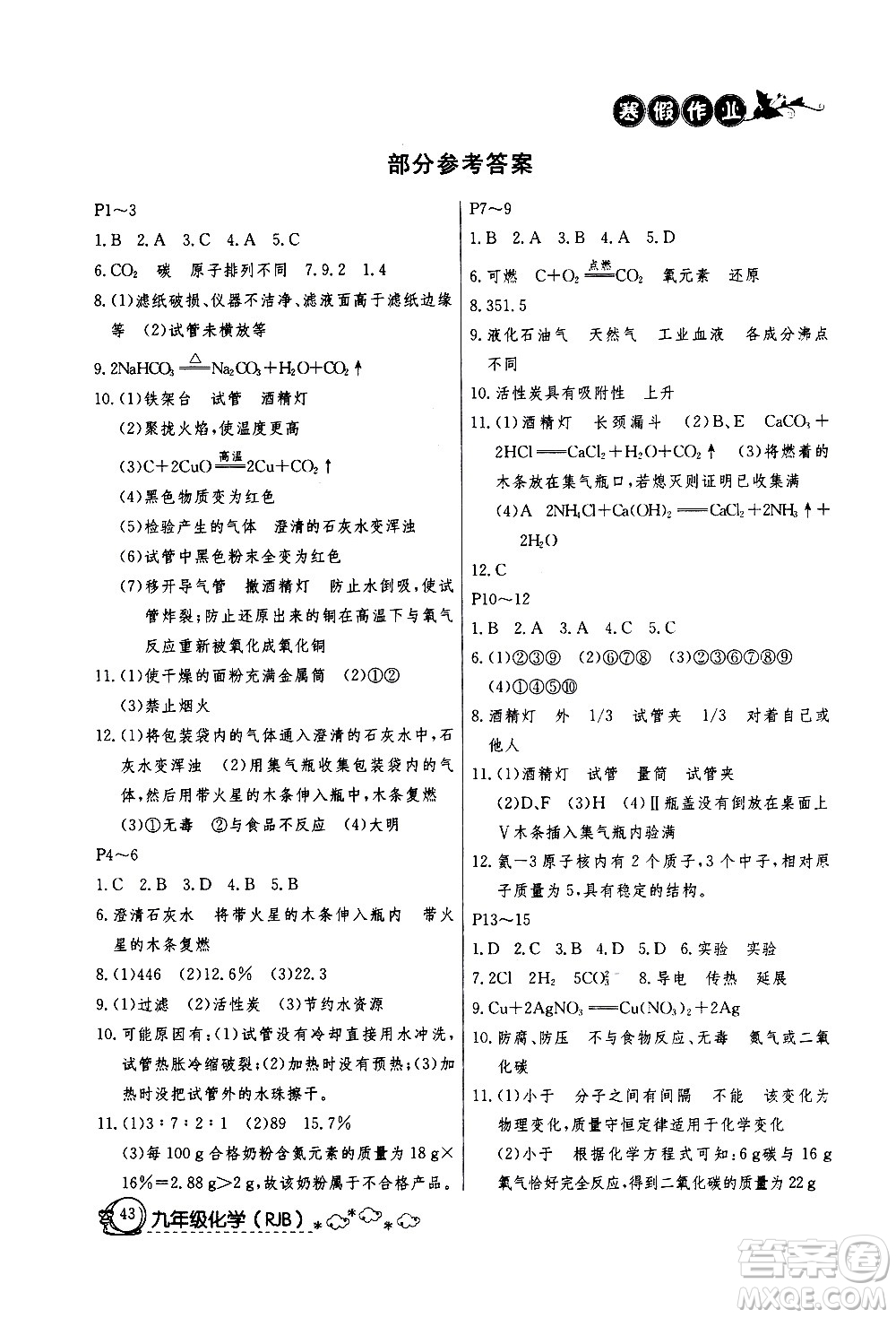 延邊教育出版社2021快樂假期寒假作業(yè)九年級化學(xué)RJB人教版答案