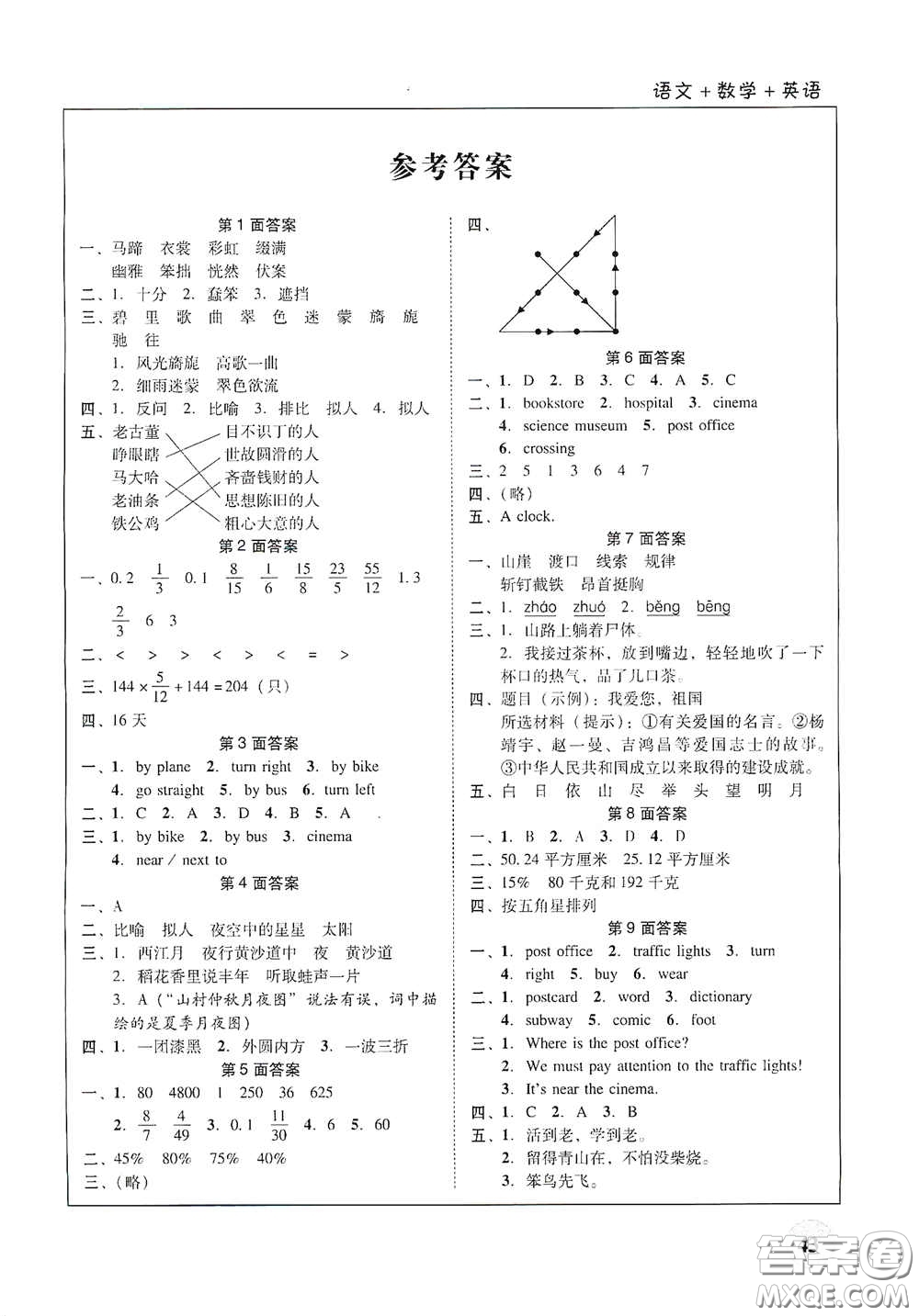 廣東教育出版社2021南粵學典快樂寒假六年級語數(shù)外答案
