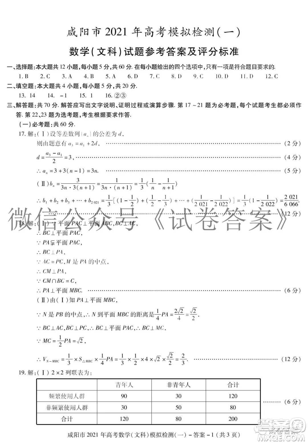咸陽市2021年高考模擬檢測一文科數(shù)學(xué)答案