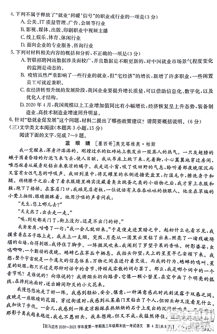 駐馬店市2020-2021學年度第一學期高三年級期末統(tǒng)一考試語文試題及答案