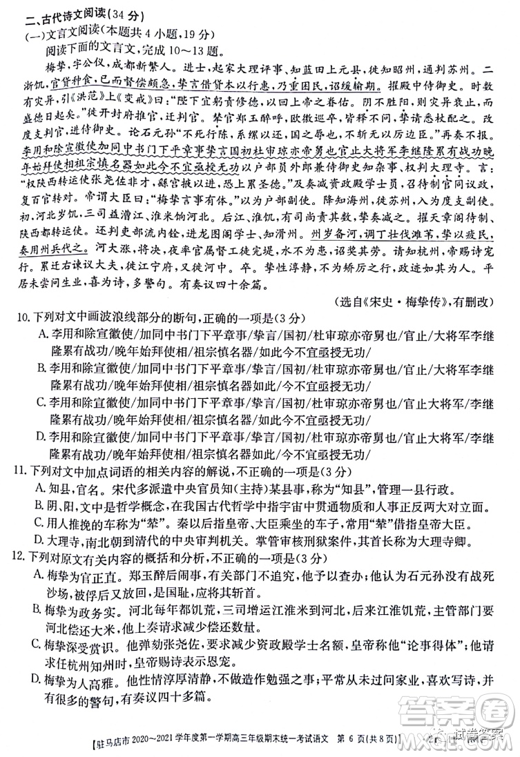 駐馬店市2020-2021學年度第一學期高三年級期末統(tǒng)一考試語文試題及答案