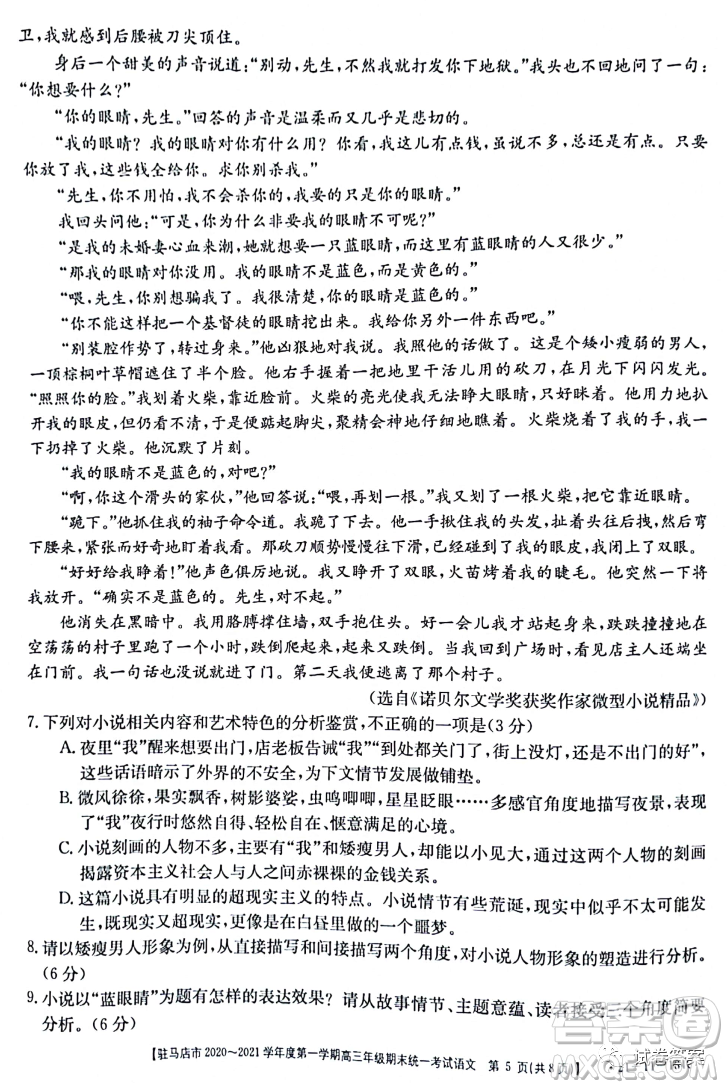 駐馬店市2020-2021學年度第一學期高三年級期末統(tǒng)一考試語文試題及答案