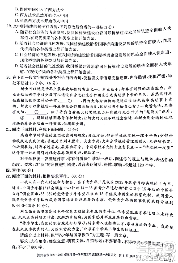 駐馬店市2020-2021學年度第一學期高三年級期末統(tǒng)一考試語文試題及答案