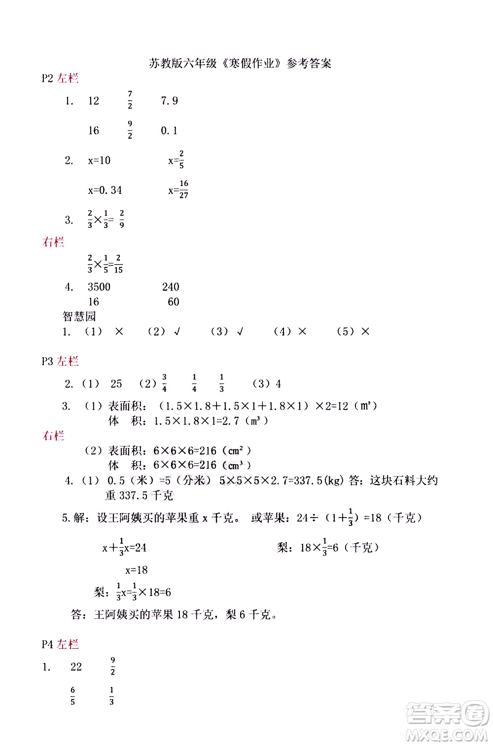 安徽少年兒童出版社2021版寒假作業(yè)六年級(jí)數(shù)學(xué)蘇教版答案