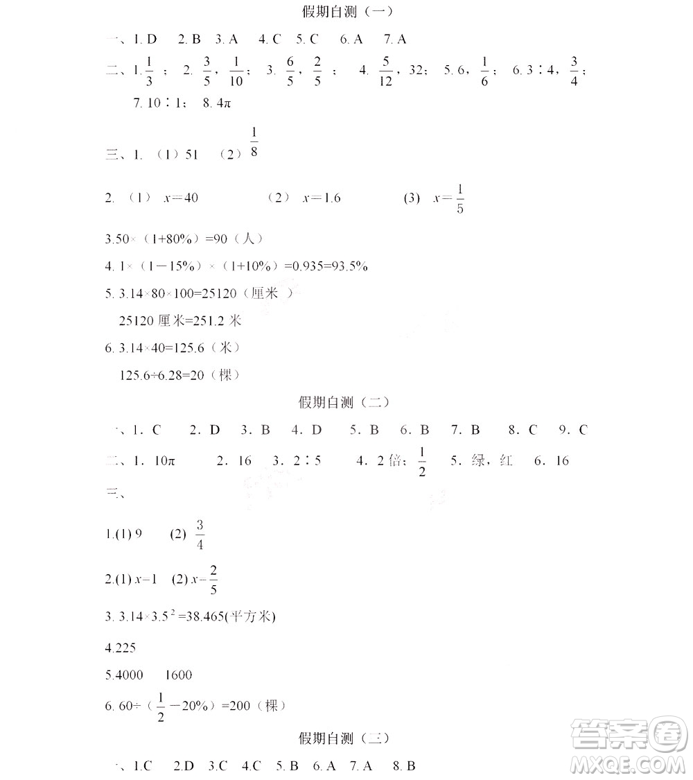 黑龍江少年兒童出版社2022陽光假日寒假六年級(jí)數(shù)學(xué)人教答案