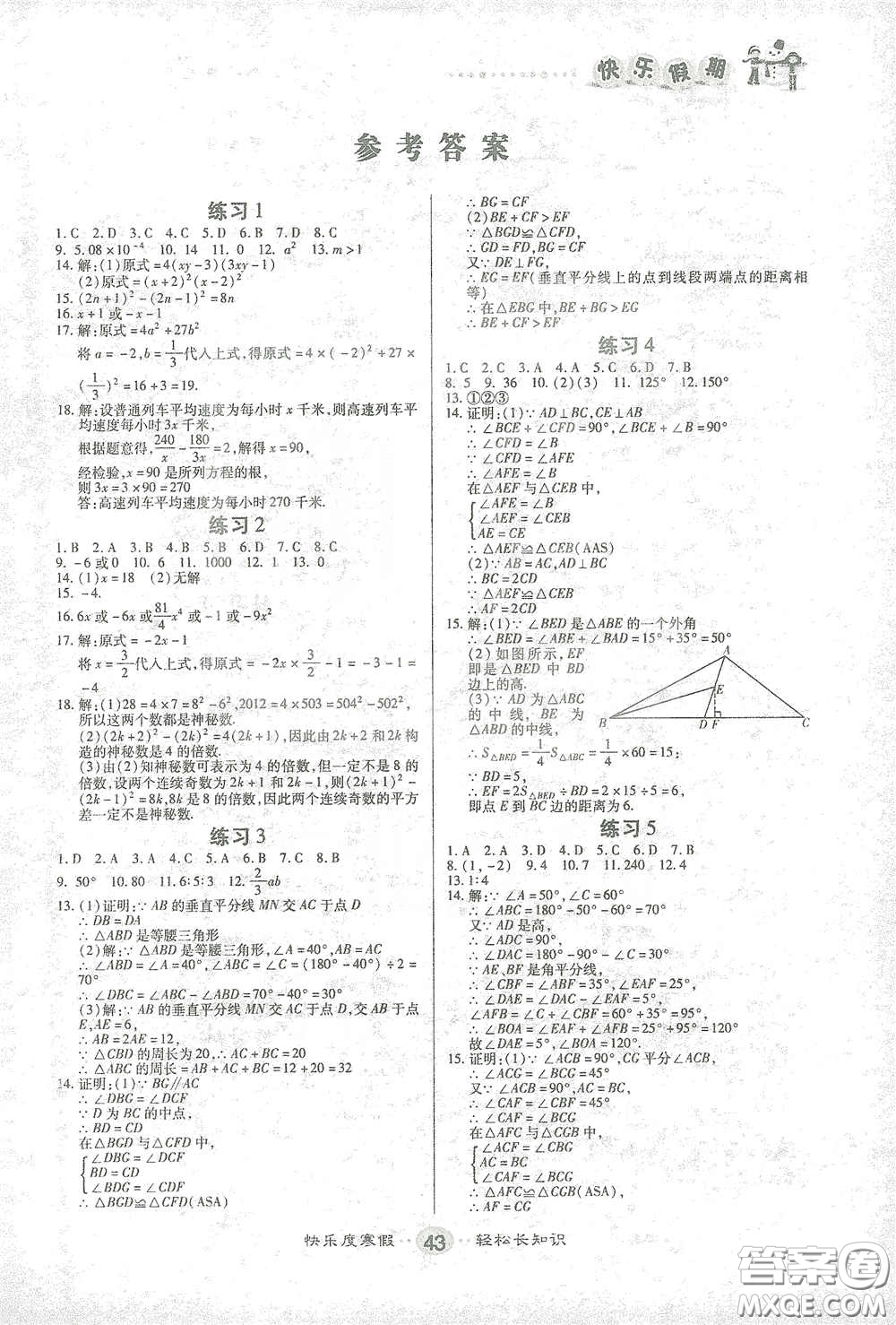 太白文藝出版社2021寒假作業(yè)快樂假期八年級數(shù)學(xué)人教版答案