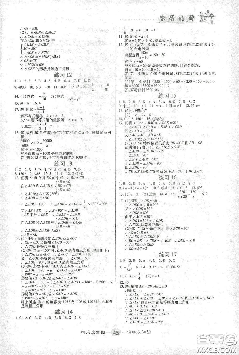 太白文藝出版社2021寒假作業(yè)快樂假期八年級數(shù)學(xué)人教版答案