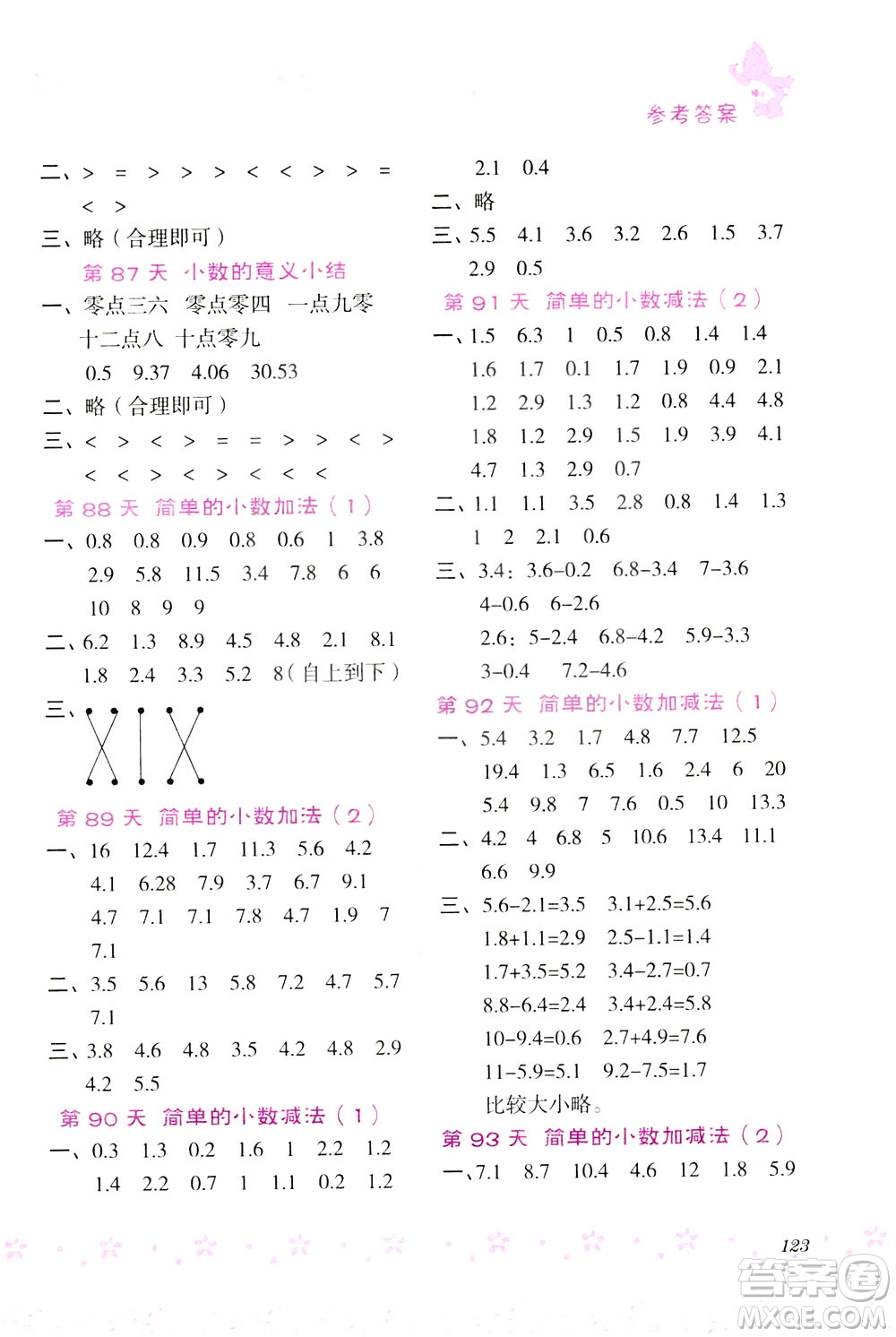陜西人民教育出版社2021小學數(shù)學口算題100+天天練三年級答案