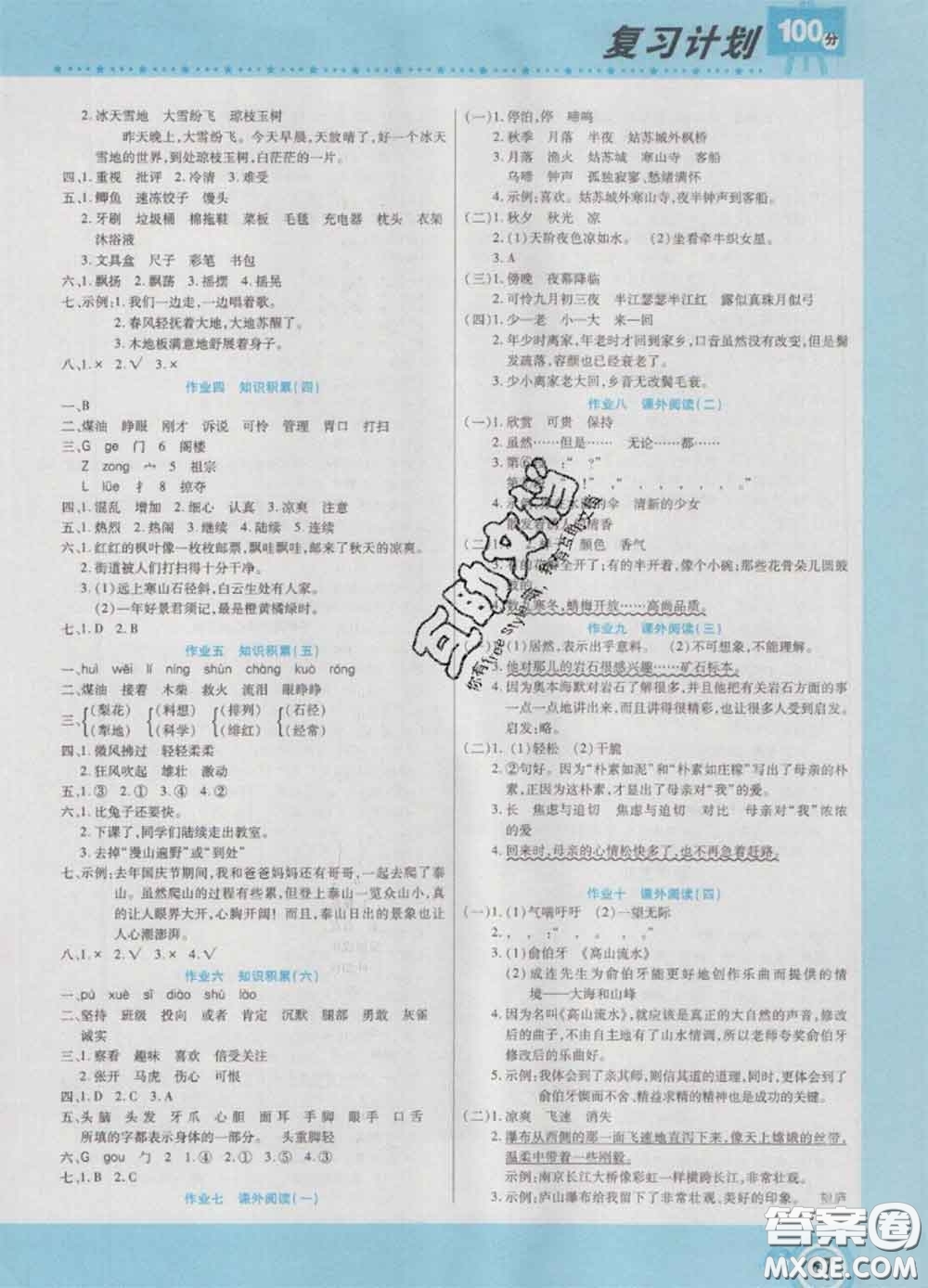 2021年豫新銳圖書復(fù)習(xí)計劃100分寒假三年級語文人教版答案