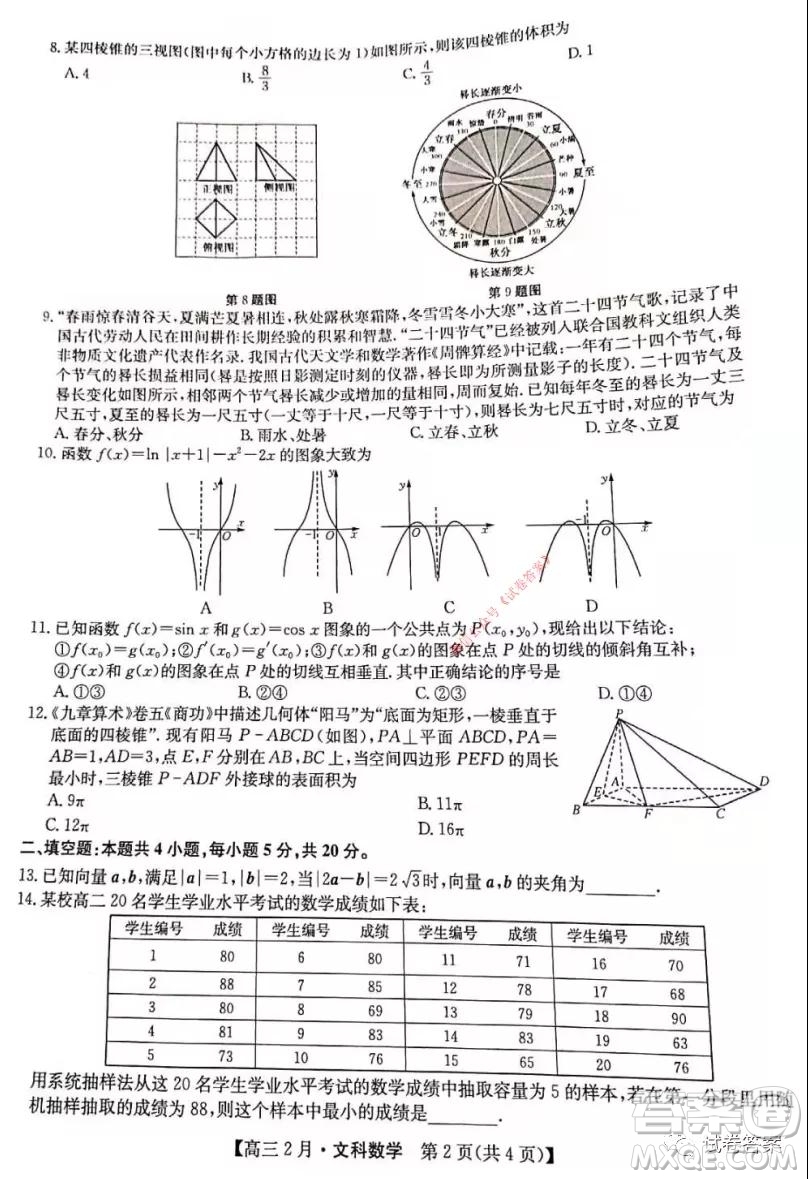 九師聯(lián)盟2020-2021學(xué)年高三2月質(zhì)量檢測(cè)文科數(shù)學(xué)試題及答案