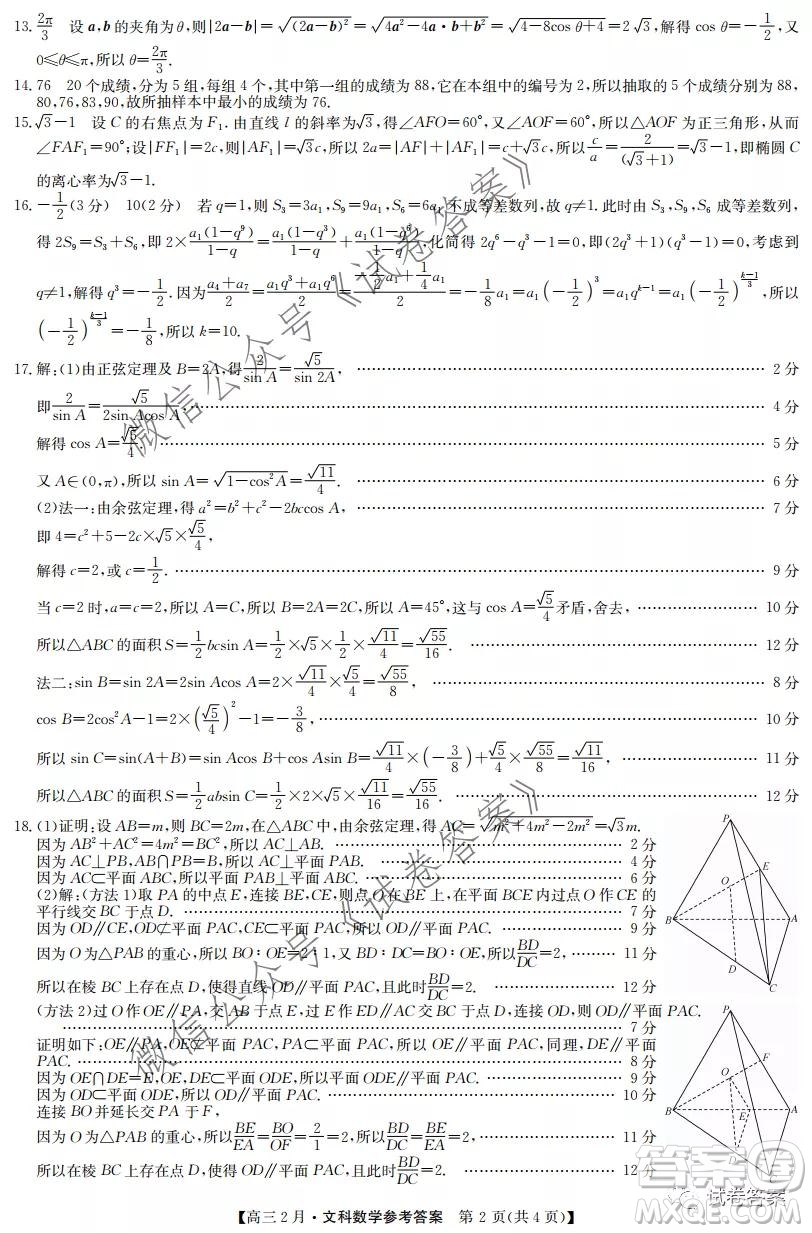 九師聯(lián)盟2020-2021學(xué)年高三2月質(zhì)量檢測(cè)文科數(shù)學(xué)試題及答案