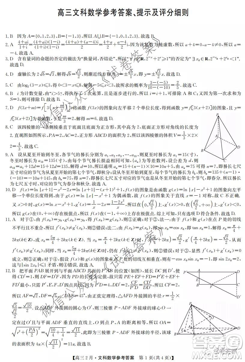 九師聯(lián)盟2020-2021學(xué)年高三2月質(zhì)量檢測(cè)文科數(shù)學(xué)試題及答案