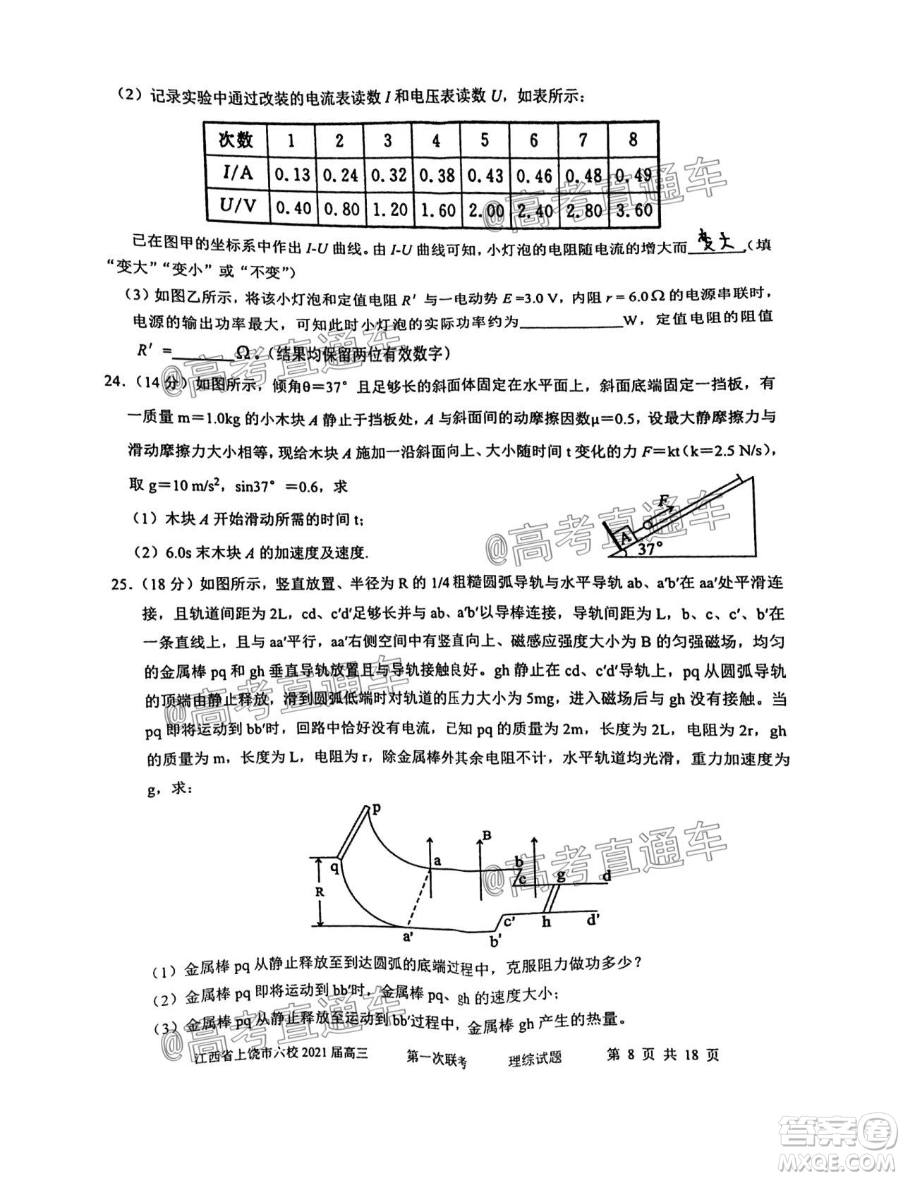 江西省上饒市六校2021屆高三年級第一次聯(lián)考理科綜合試題答案
