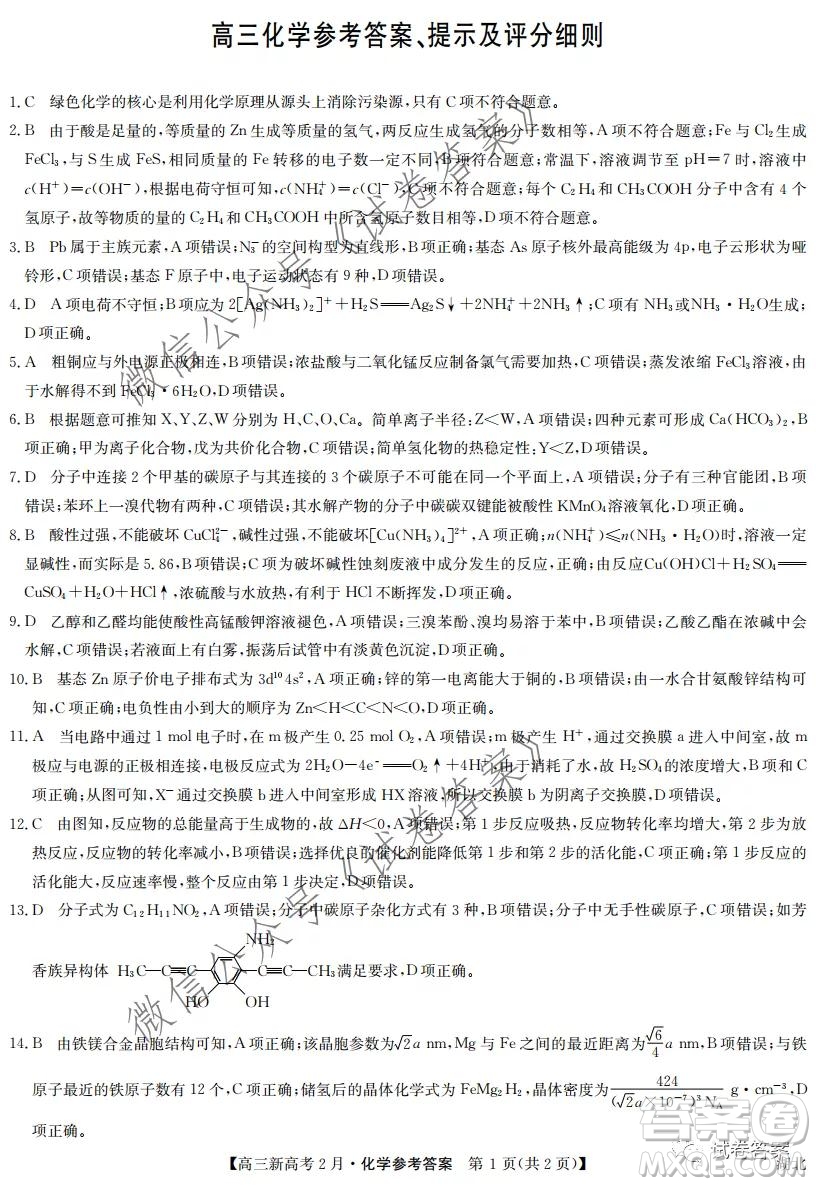2021湖北九師聯(lián)盟高三新高考2月考試化學試題及答案