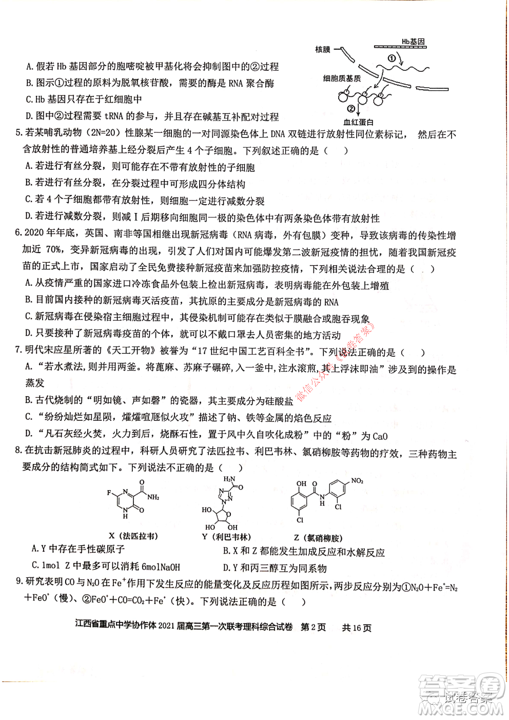 江西省重點(diǎn)中學(xué)協(xié)作體2021屆高三年級(jí)第一次聯(lián)考理科綜合試題及答案