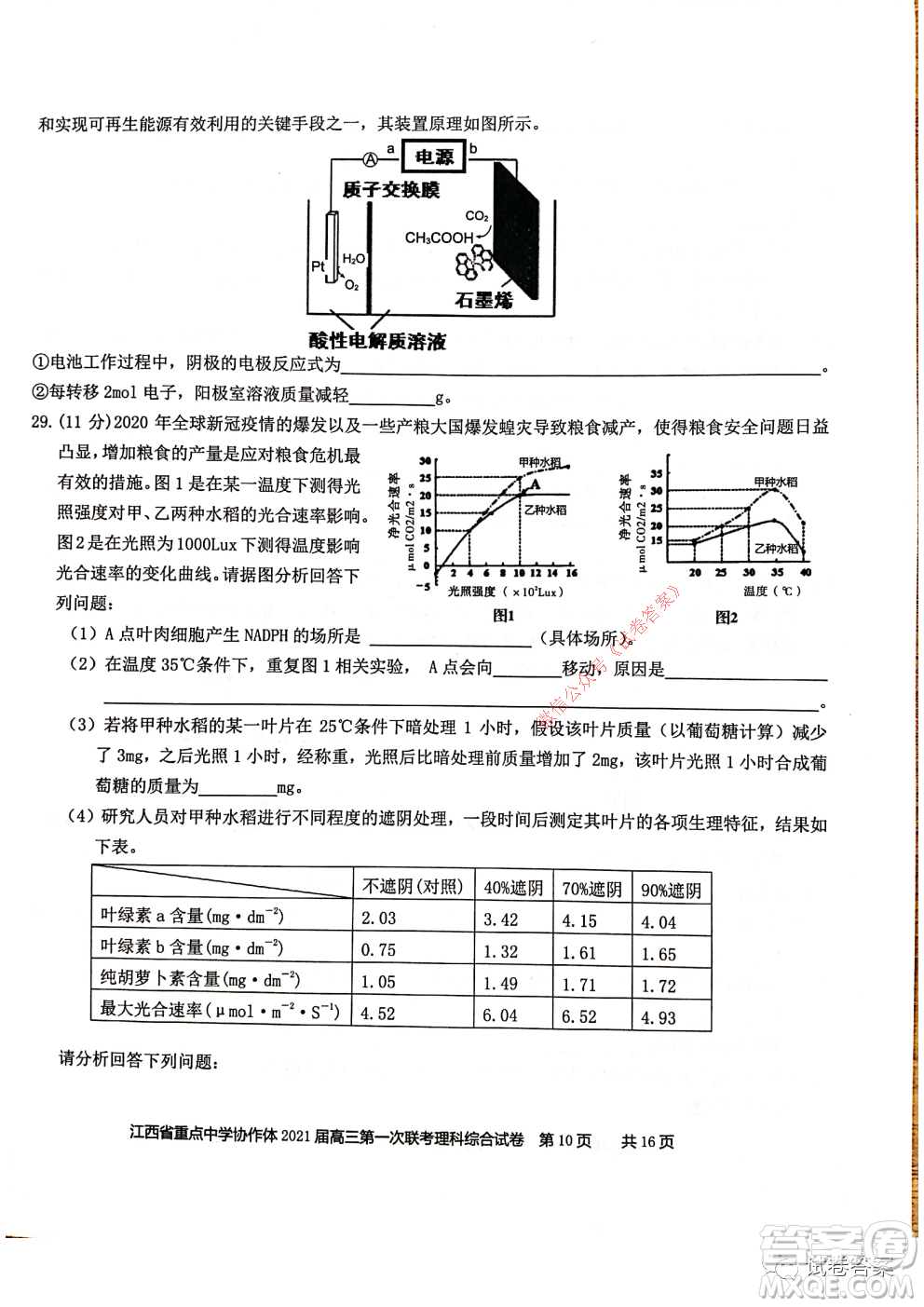 江西省重點(diǎn)中學(xué)協(xié)作體2021屆高三年級(jí)第一次聯(lián)考理科綜合試題及答案