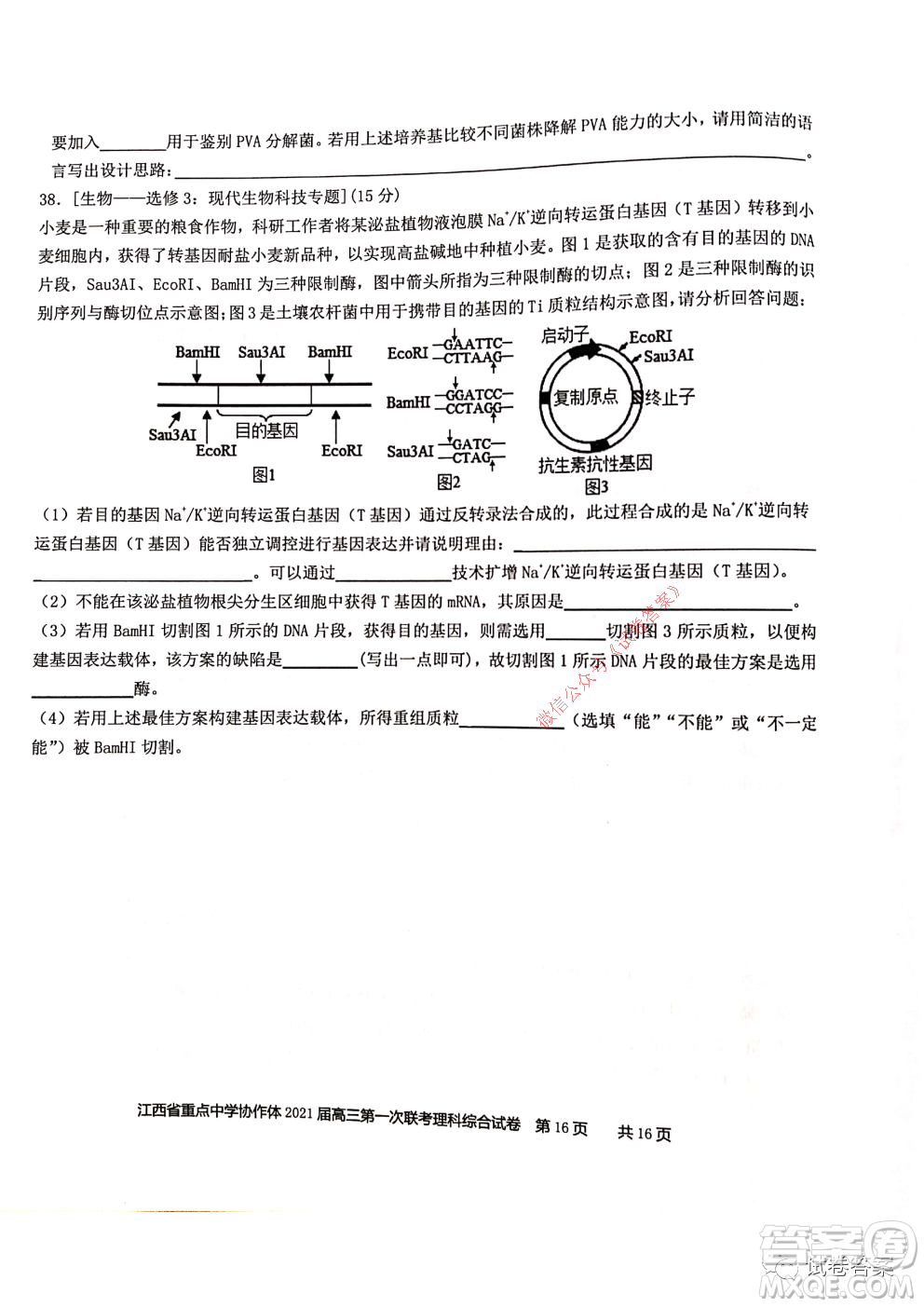 江西省重點(diǎn)中學(xué)協(xié)作體2021屆高三年級(jí)第一次聯(lián)考理科綜合試題及答案