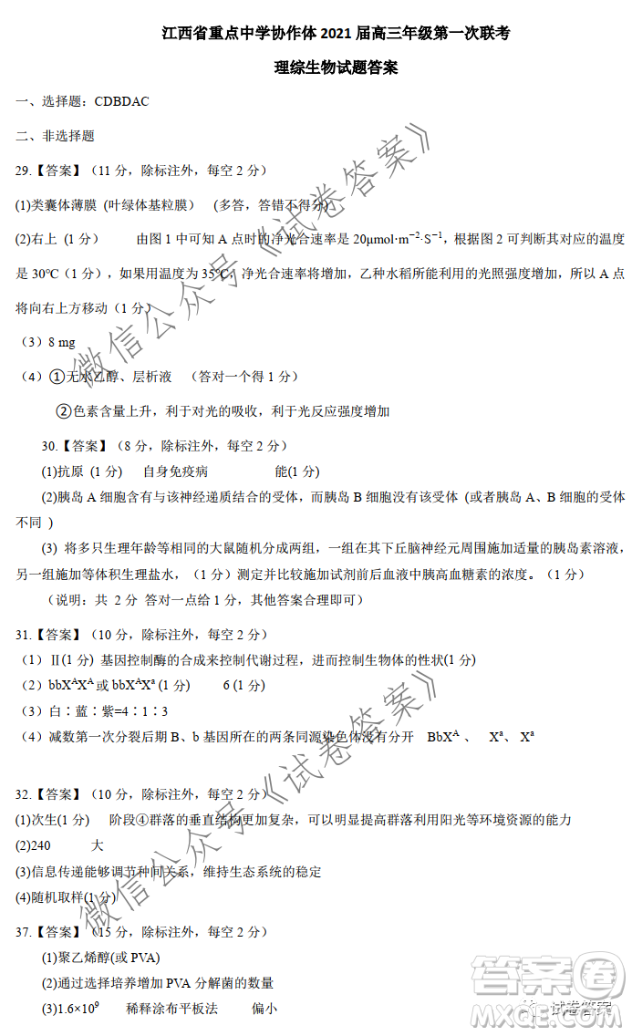 江西省重點(diǎn)中學(xué)協(xié)作體2021屆高三年級(jí)第一次聯(lián)考理科綜合試題及答案