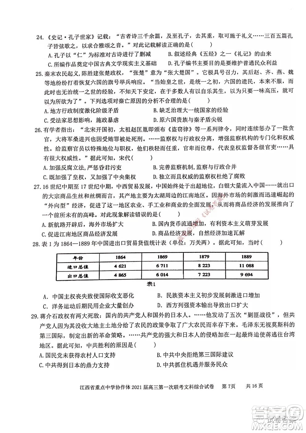 江西省重點(diǎn)中學(xué)協(xié)作體2021屆高三年級(jí)第一次聯(lián)考文綜試題及答案