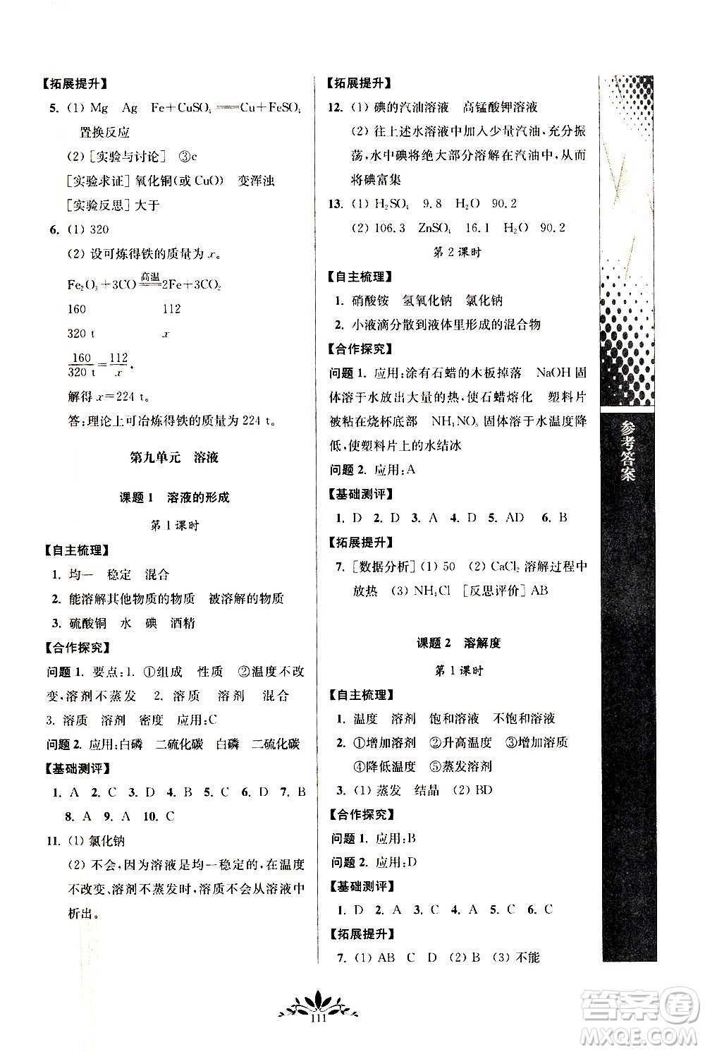 南京師范大學出版社2021年新課程自主學習與測評初中化學九年級下冊人教版答案