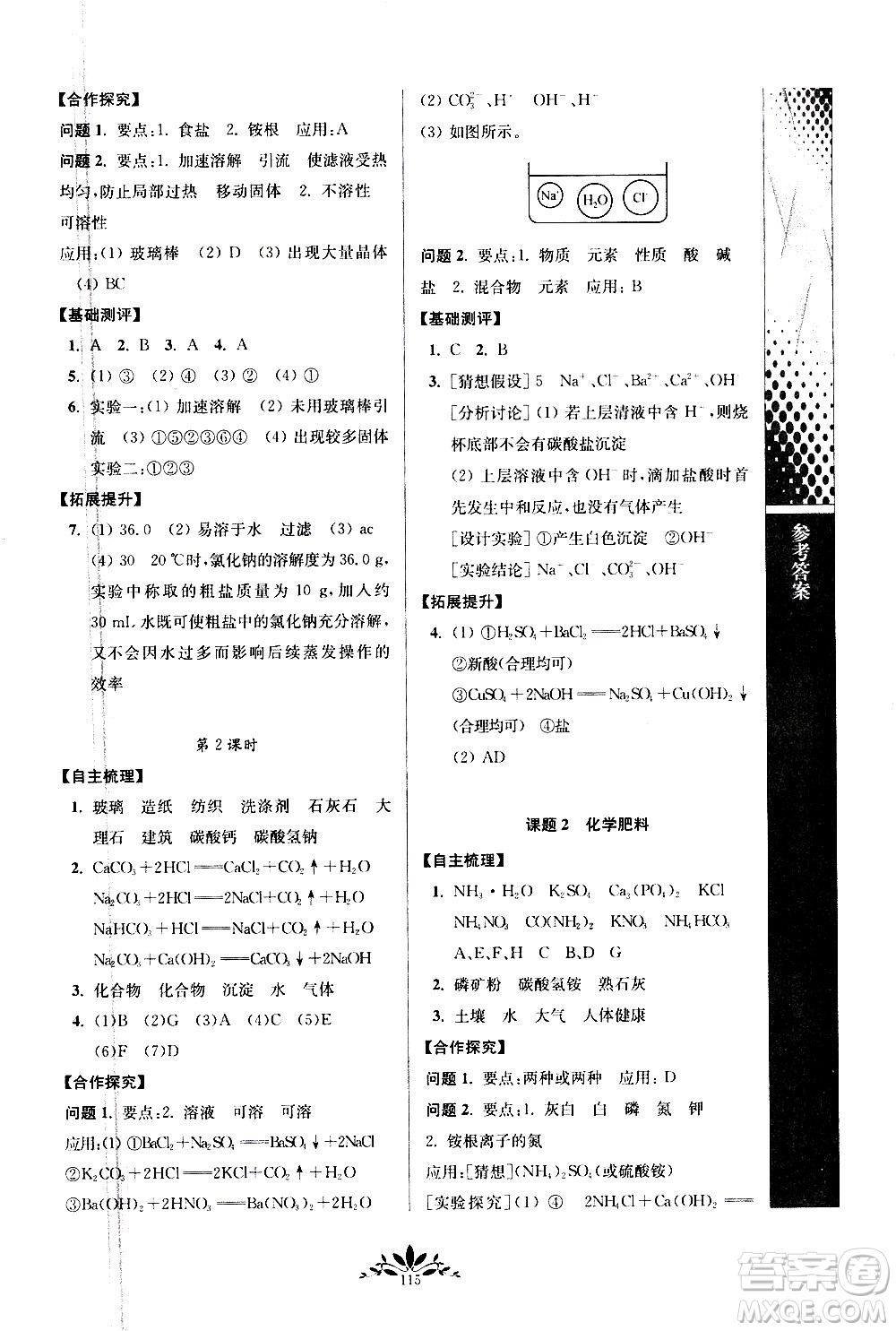 南京師范大學出版社2021年新課程自主學習與測評初中化學九年級下冊人教版答案