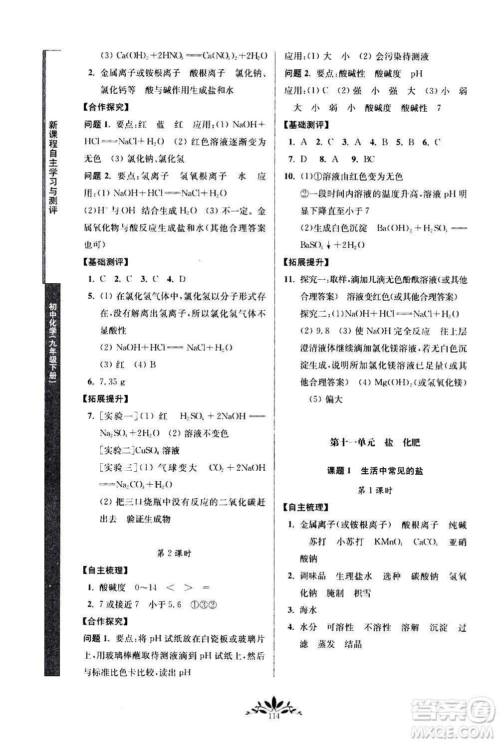 南京師范大學出版社2021年新課程自主學習與測評初中化學九年級下冊人教版答案