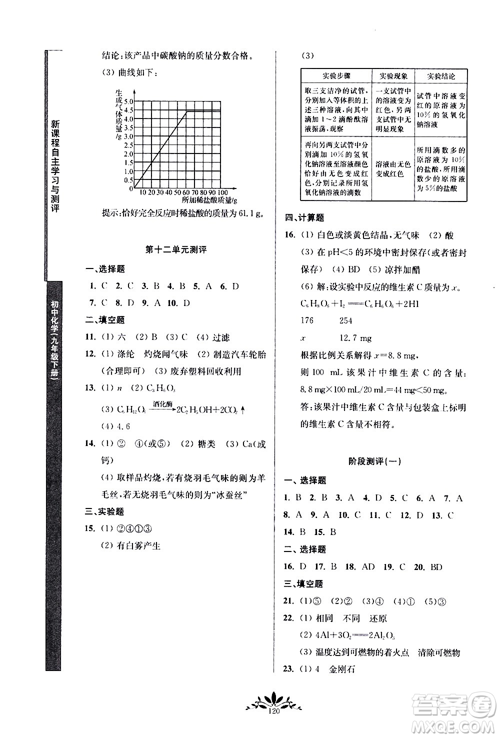 南京師范大學出版社2021年新課程自主學習與測評初中化學九年級下冊人教版答案