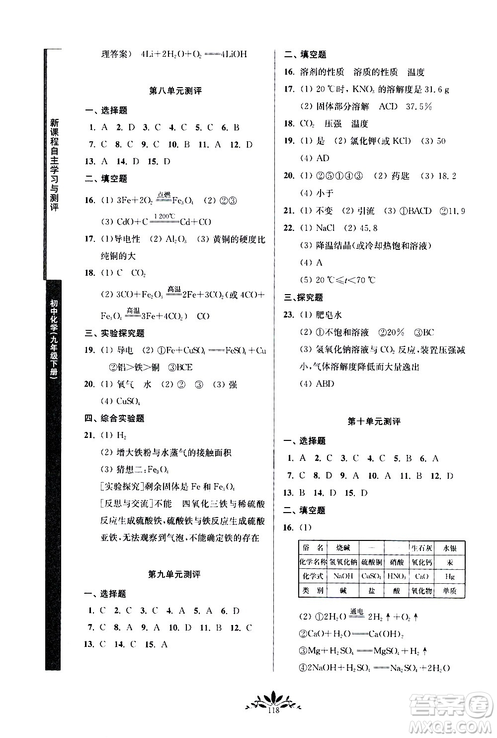 南京師范大學出版社2021年新課程自主學習與測評初中化學九年級下冊人教版答案
