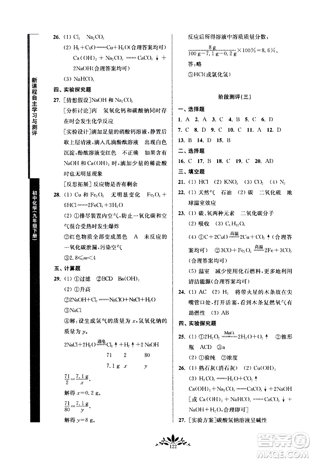 南京師范大學出版社2021年新課程自主學習與測評初中化學九年級下冊人教版答案