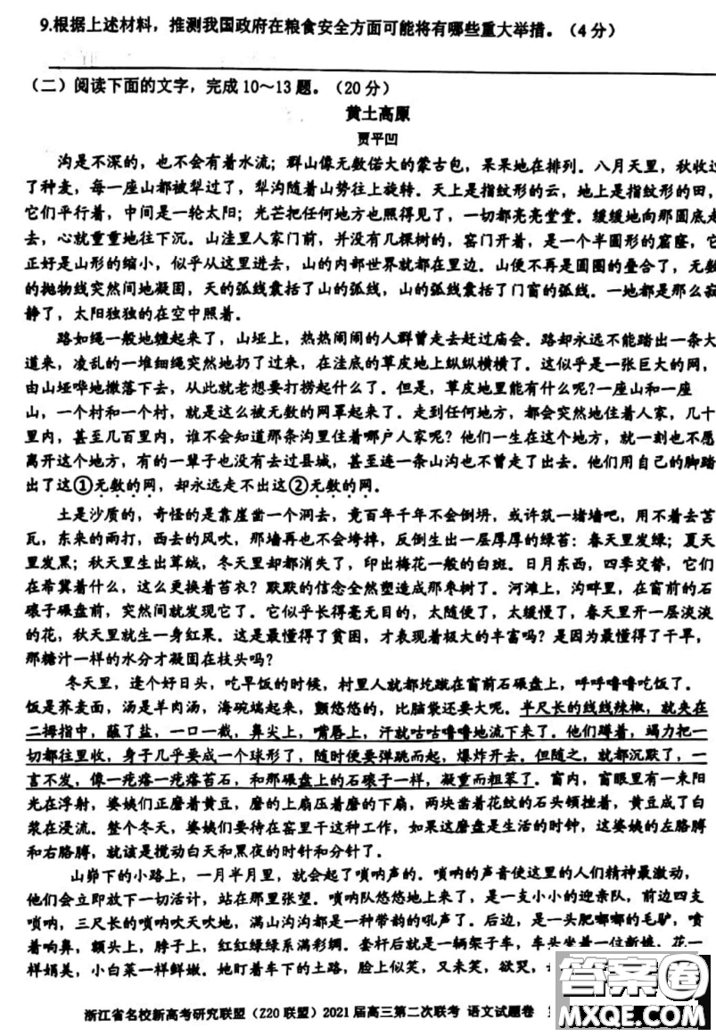 浙江省名校新高考研究聯(lián)盟Z20聯(lián)盟2021屆高三第二次聯(lián)考語(yǔ)文試題及答案