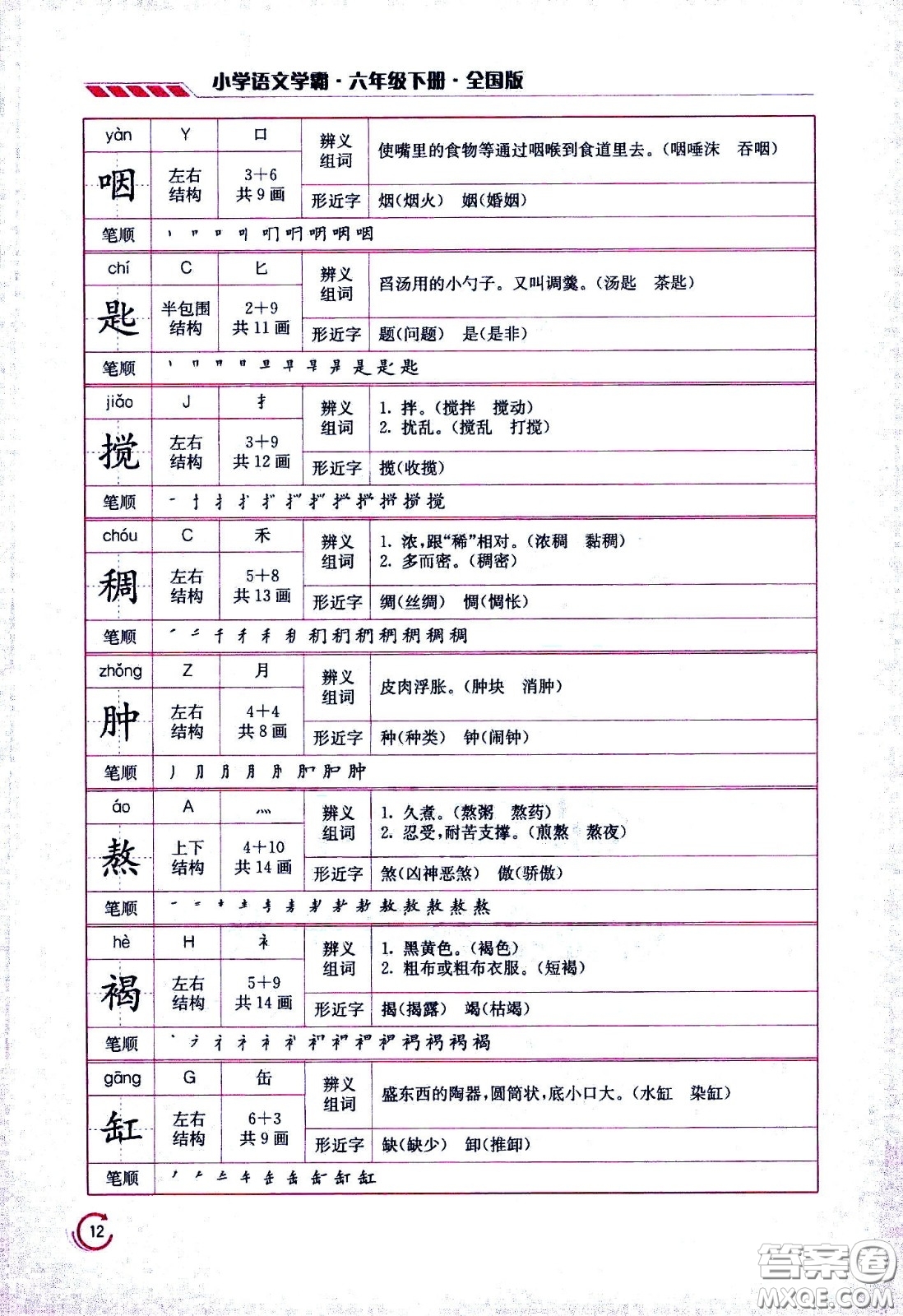 江蘇鳳凰美術(shù)出版社2021小學語文學霸六年級下冊全國版答案