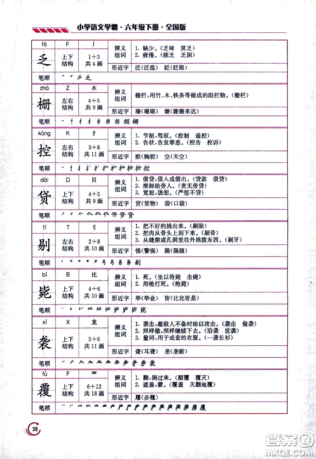 江蘇鳳凰美術(shù)出版社2021小學語文學霸六年級下冊全國版答案