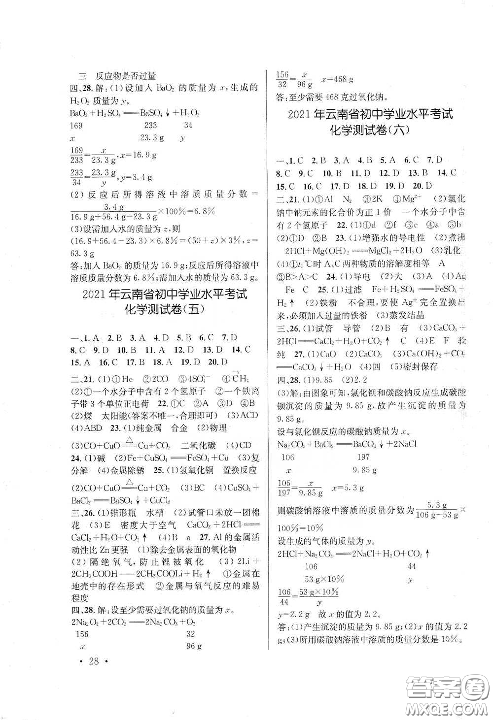 云南大學出版社2021金考點云南省初中學業(yè)水平考試總復習及測試化學答案