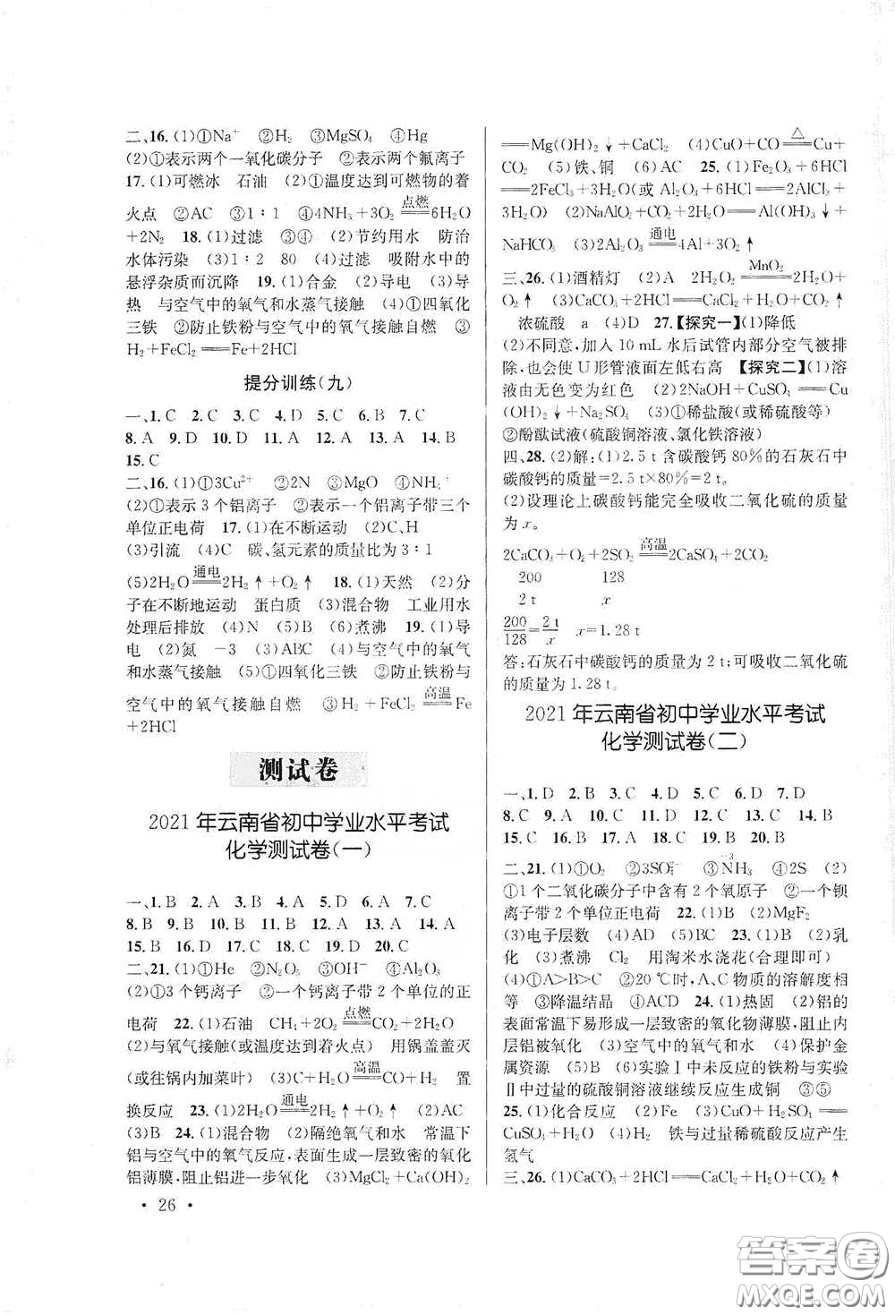 云南大學出版社2021金考點云南省初中學業(yè)水平考試總復習及測試化學答案