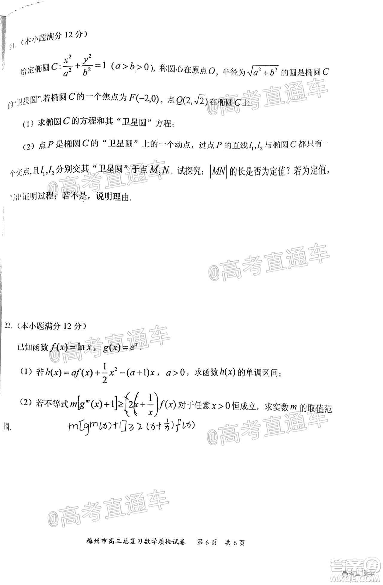 2021年梅州市高三總復習質檢試卷數學試題及答案