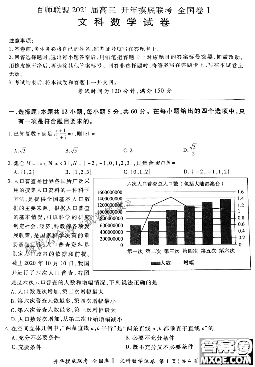 百師聯(lián)盟2021屆高三開年摸底聯(lián)考全國卷I文科數(shù)學(xué)試卷及答案
