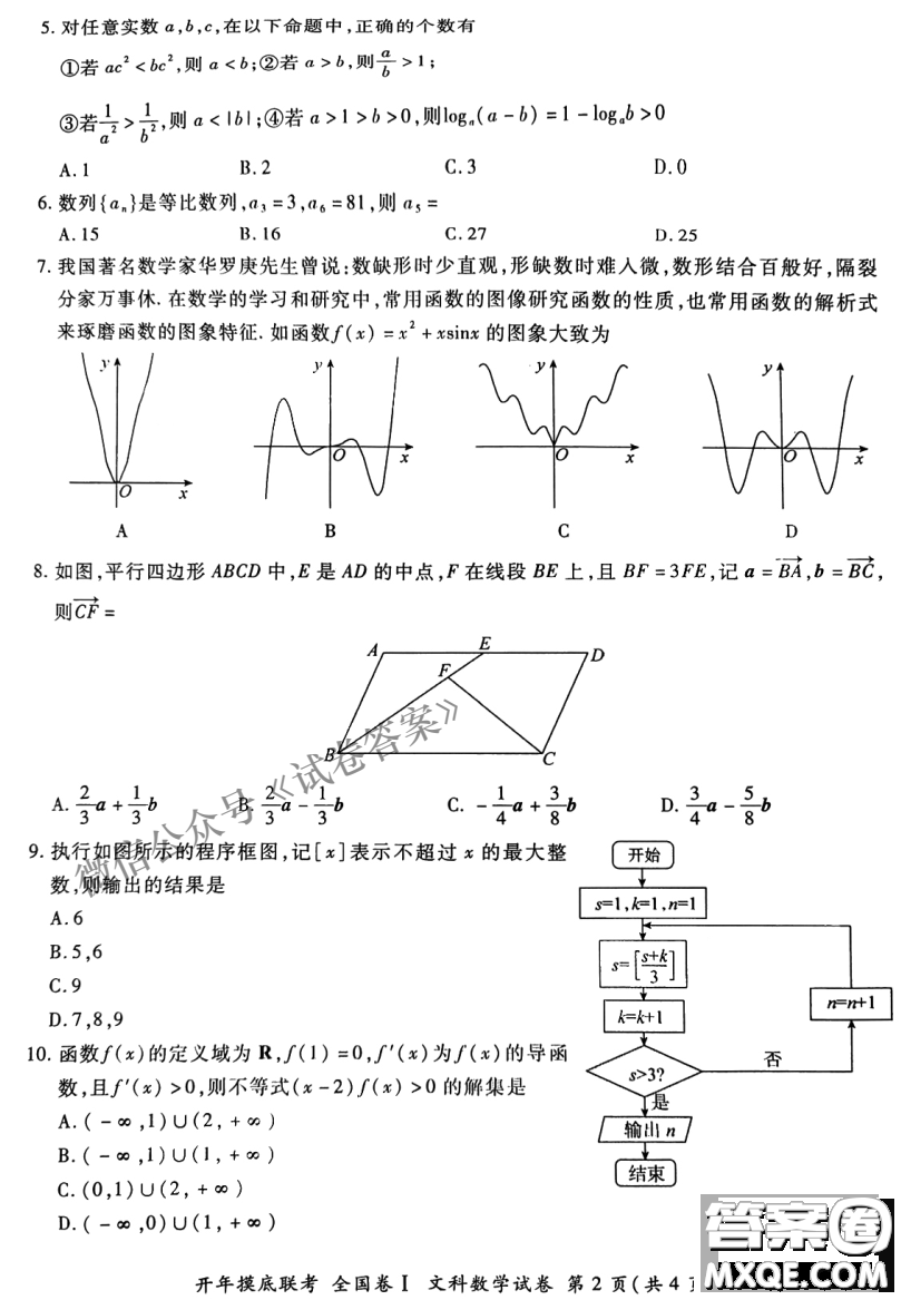 百師聯(lián)盟2021屆高三開年摸底聯(lián)考全國卷I文科數(shù)學(xué)試卷及答案