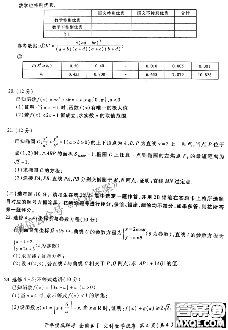 百師聯(lián)盟2021屆高三開年摸底聯(lián)考全國卷I文科數(shù)學(xué)試卷及答案