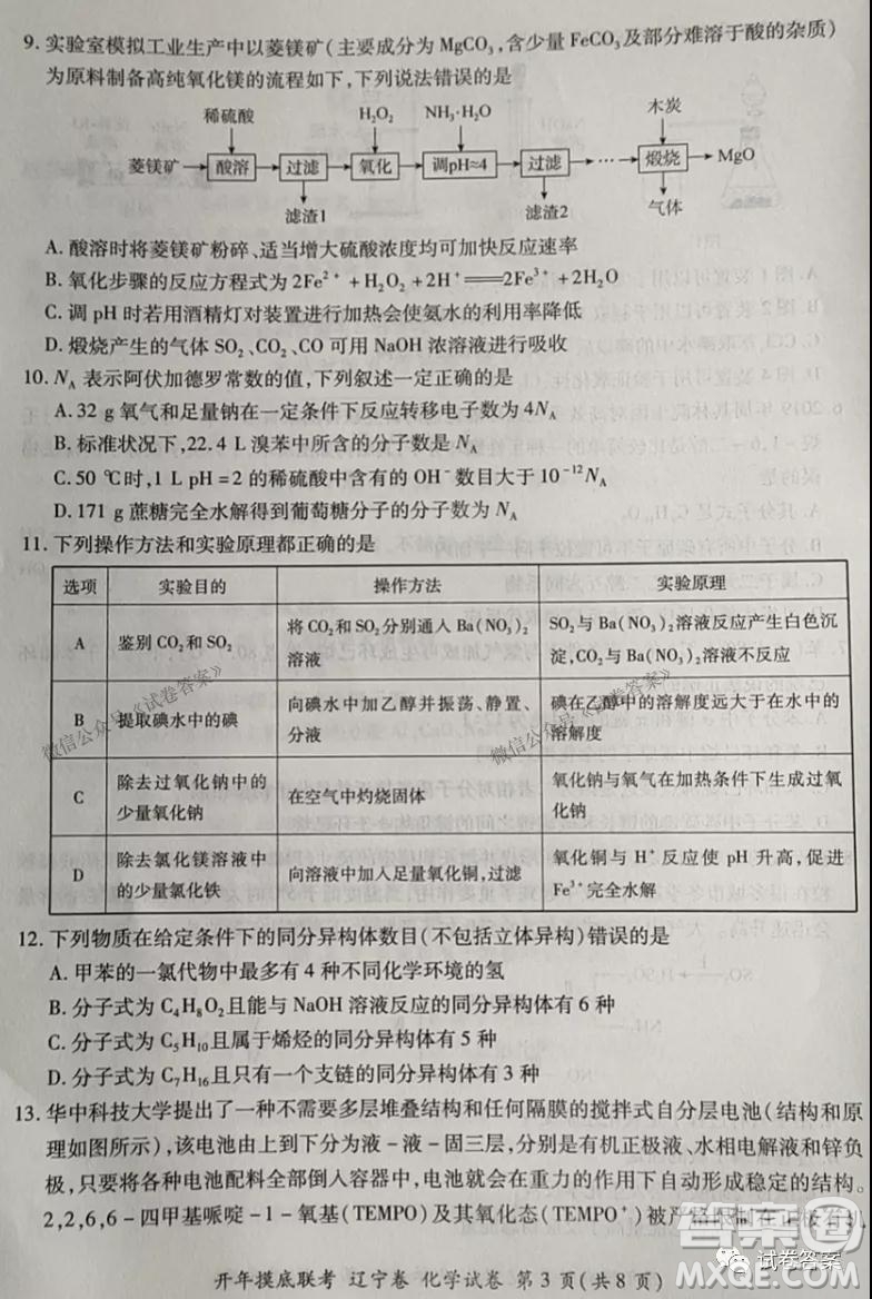 百師聯(lián)盟2021屆高三開年摸底聯(lián)考遼寧卷化學(xué)試卷及答案