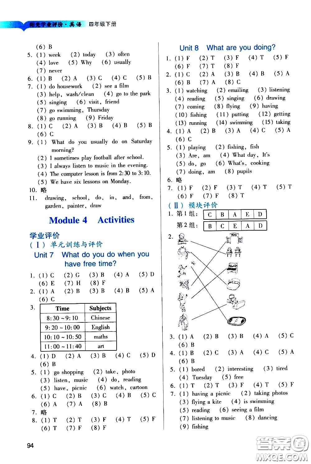 廣州出版社2021陽光學(xué)業(yè)評價(jià)英語四年級下冊教科版答案
