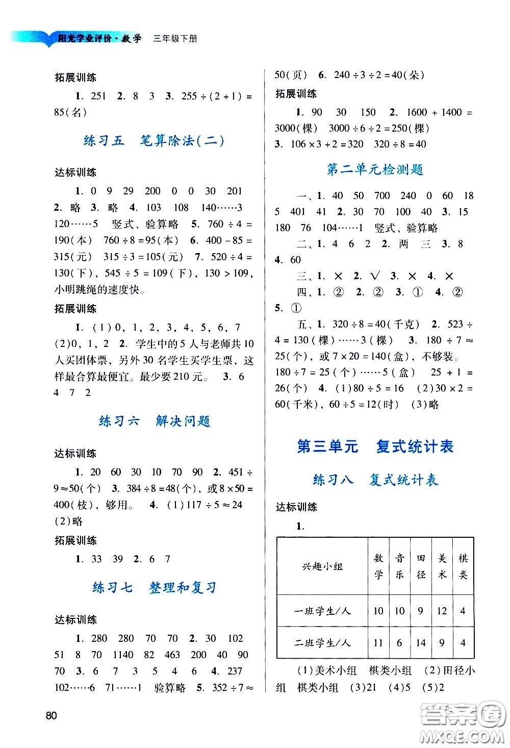廣州出版社2021陽(yáng)光學(xué)業(yè)評(píng)價(jià)數(shù)學(xué)三年級(jí)下冊(cè)人教版答案