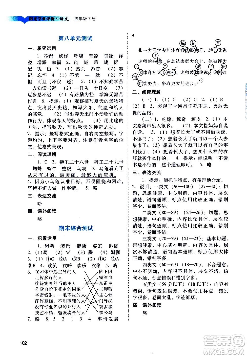 廣州出版社2021陽光學業(yè)評價語文四年級下冊人教版答案