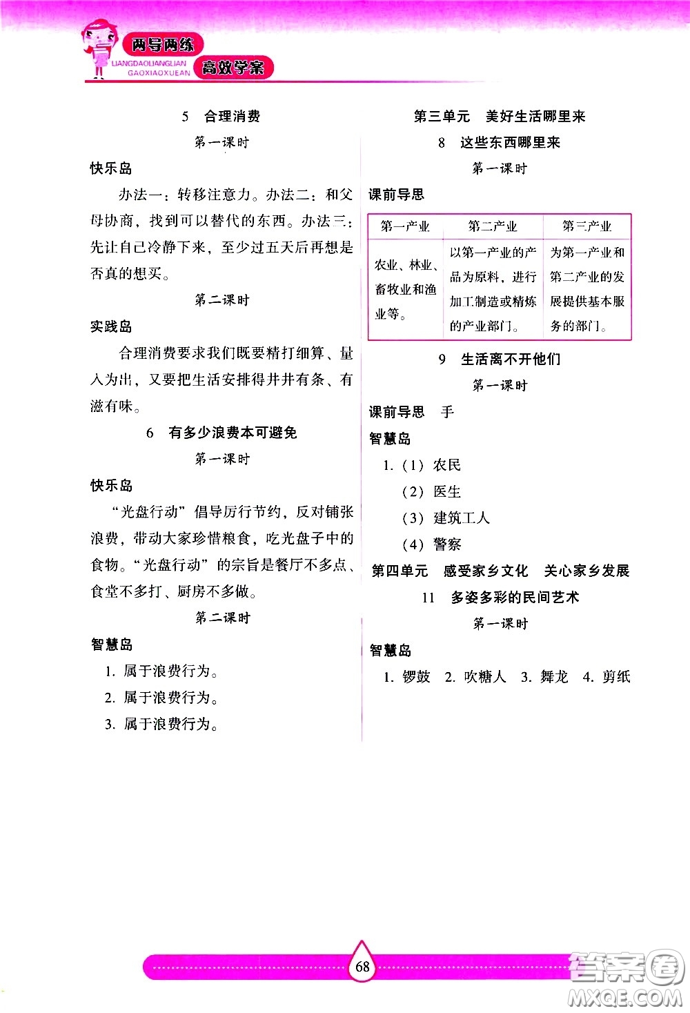 希望出版社2021新課標(biāo)兩導(dǎo)兩練高效學(xué)案道德與法治四年級下冊人教版答案