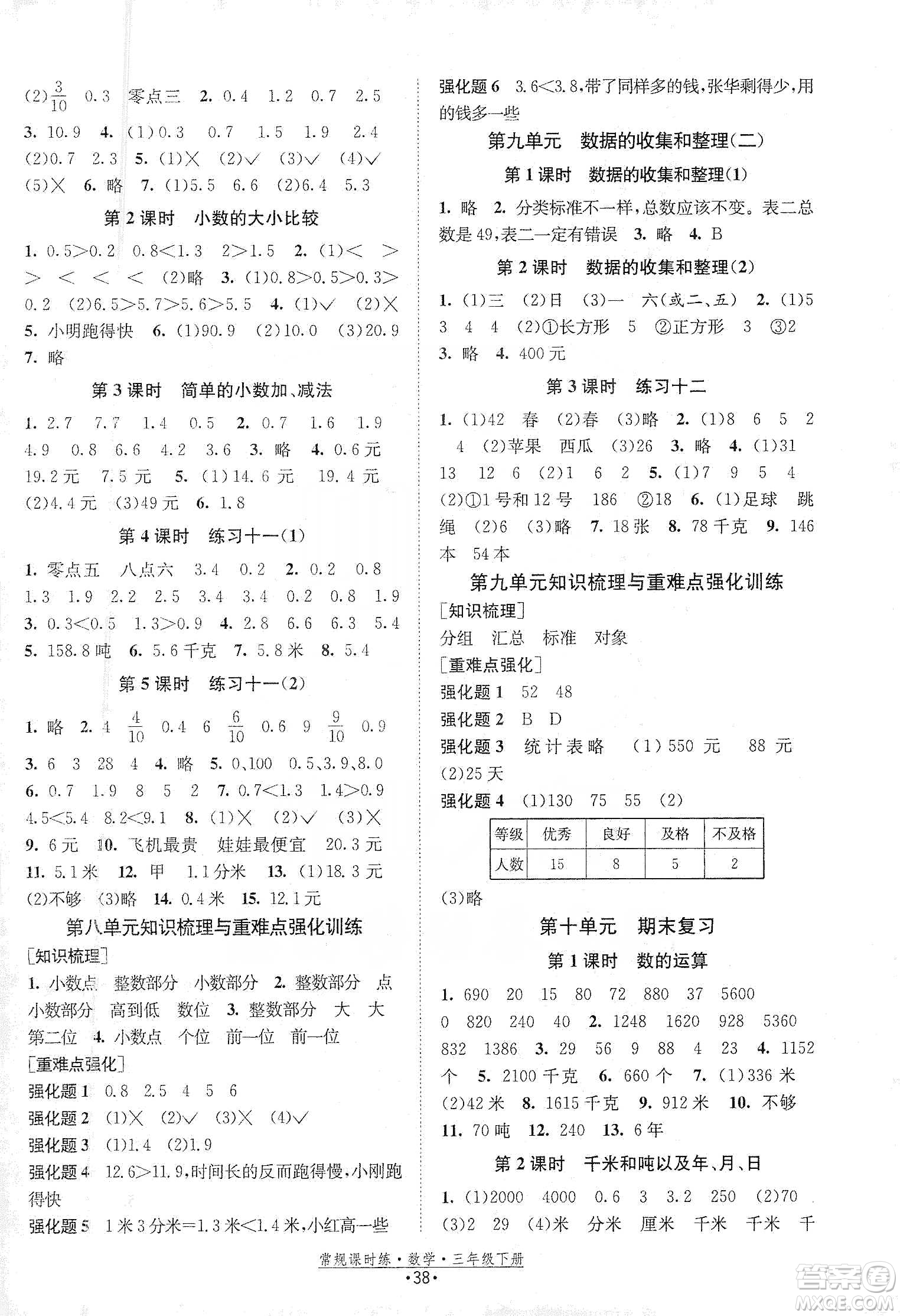 福建人民出版社2021常規(guī)課時練三年級數(shù)學(xué)下蘇教版答案