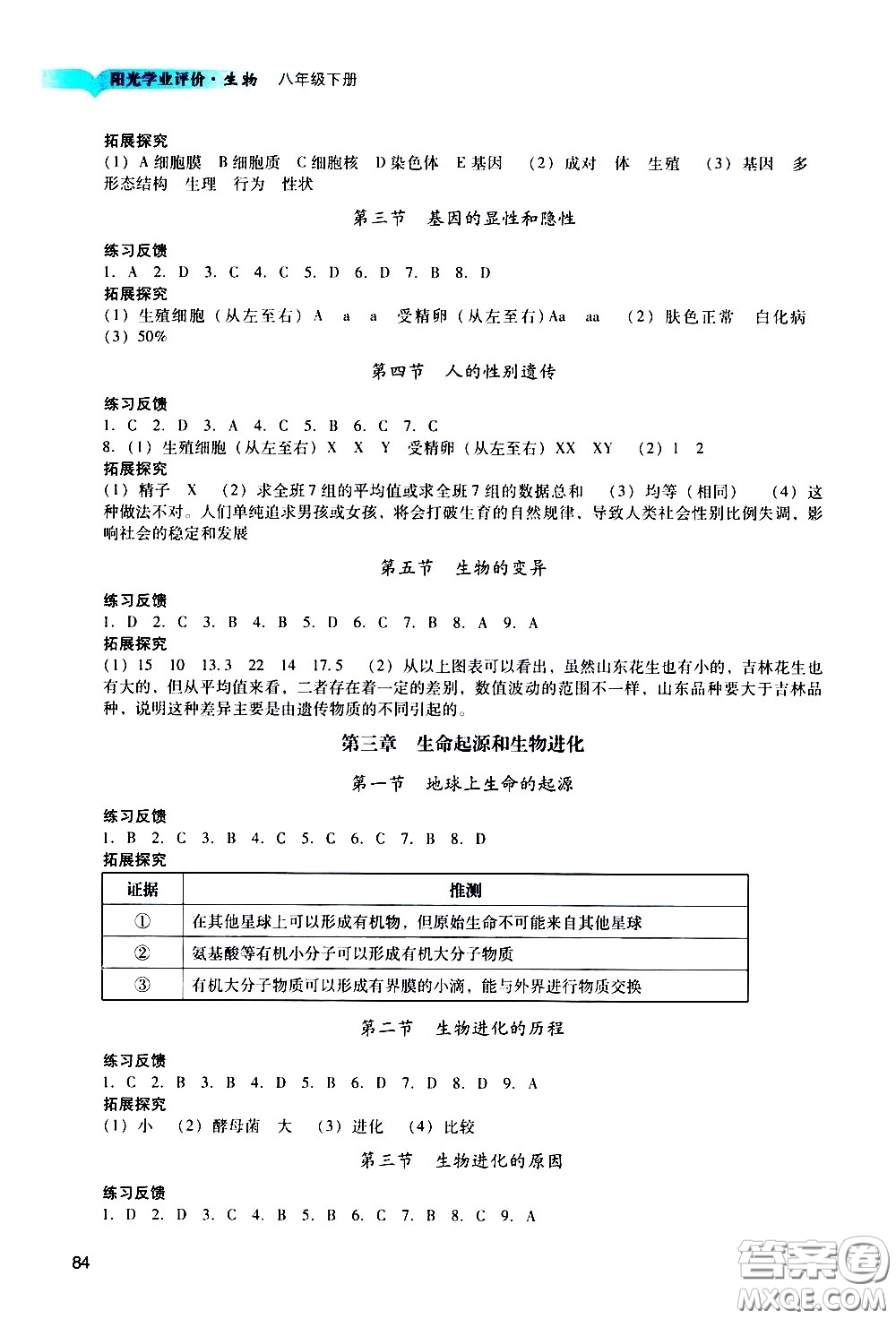 廣州出版社2021陽光學(xué)業(yè)評價(jià)生物八年級下冊人教版答案