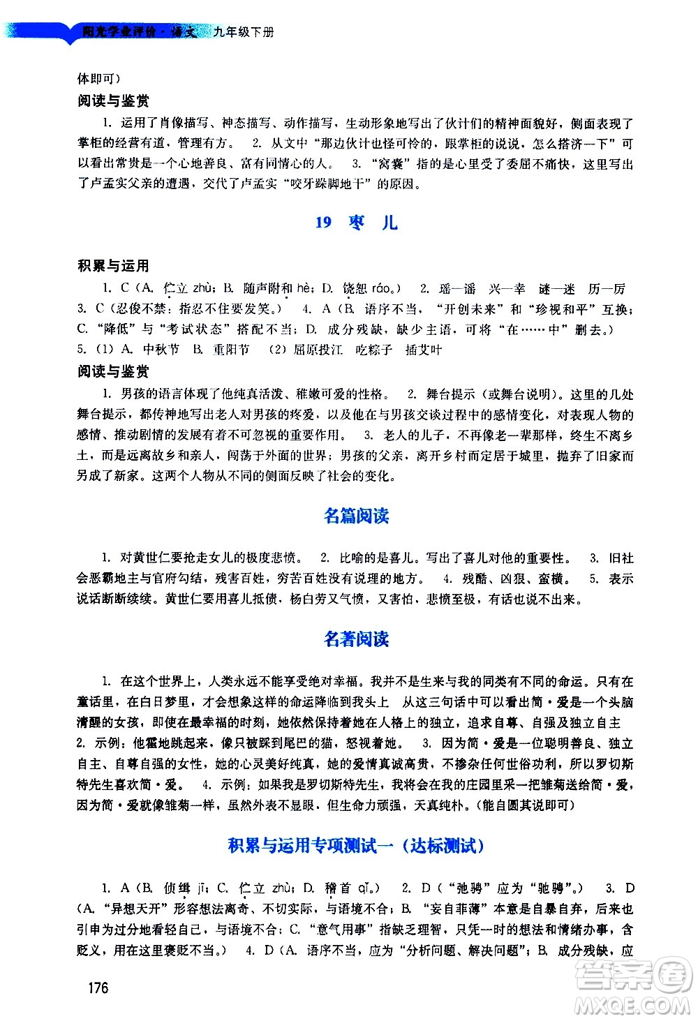 廣州出版社2021陽(yáng)光學(xué)業(yè)評(píng)價(jià)語(yǔ)文九年級(jí)下冊(cè)人教版答案