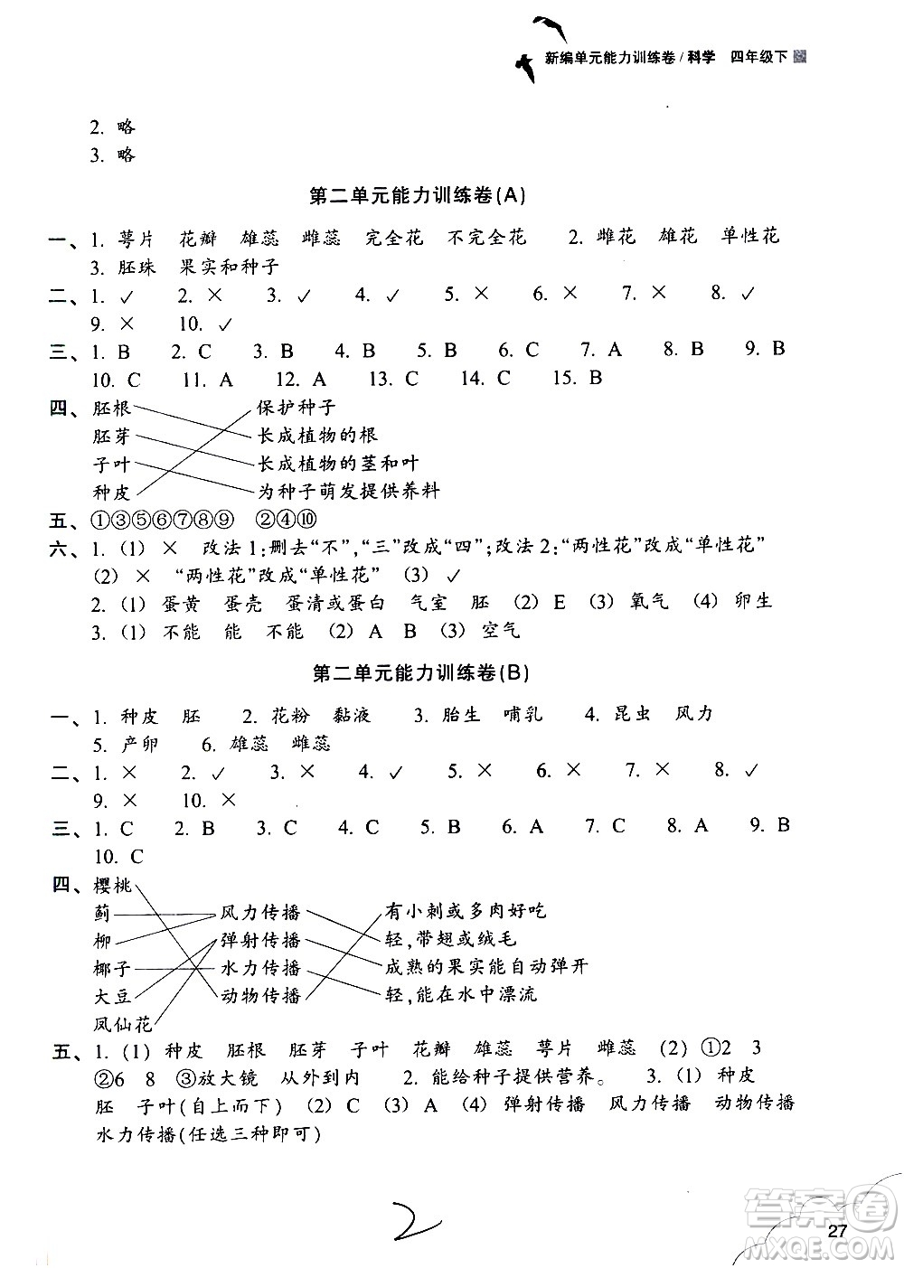 浙江教育出版社2021新編單元能力訓(xùn)練卷科學(xué)四年級(jí)下冊教科版答案