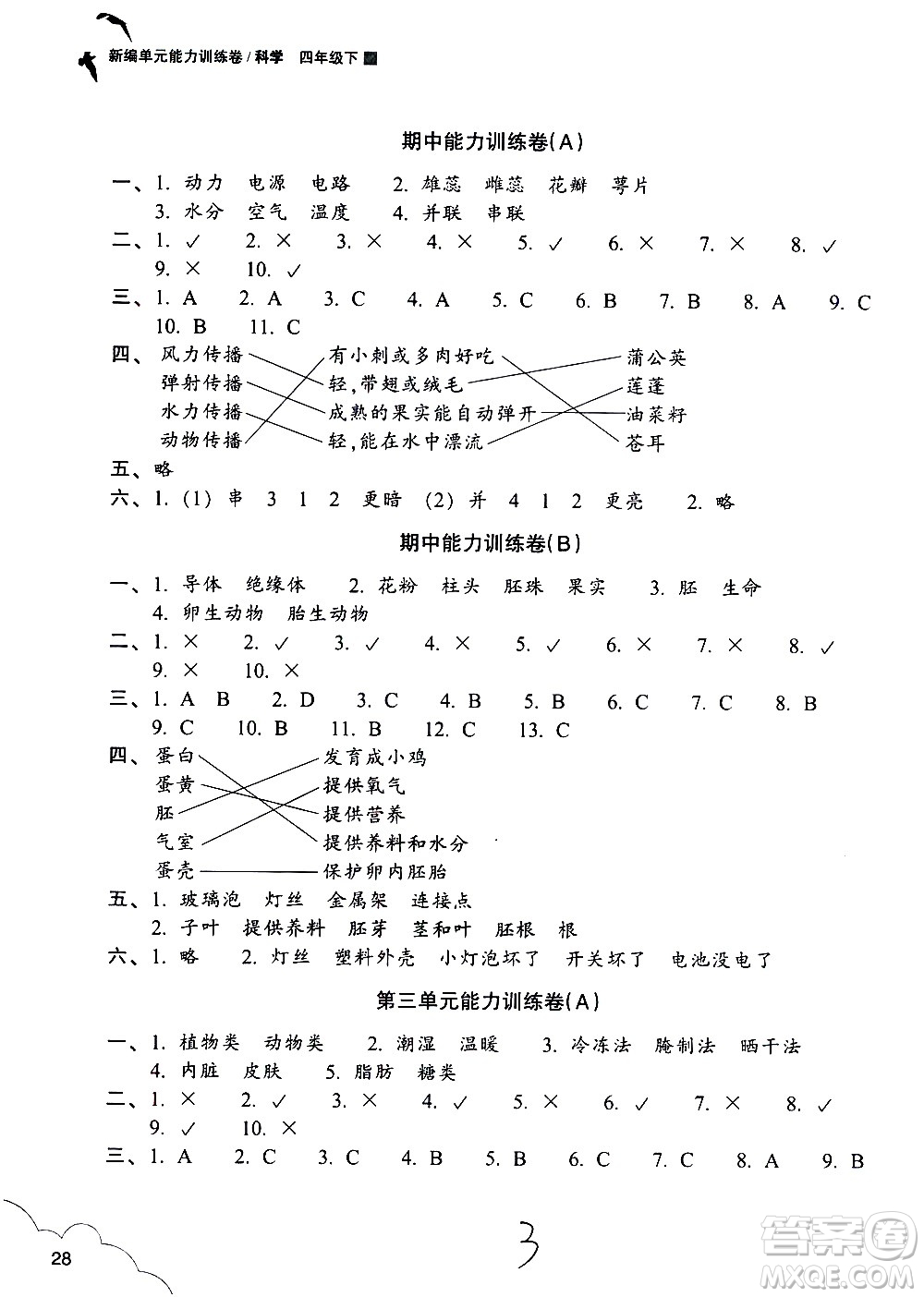 浙江教育出版社2021新編單元能力訓(xùn)練卷科學(xué)四年級(jí)下冊教科版答案
